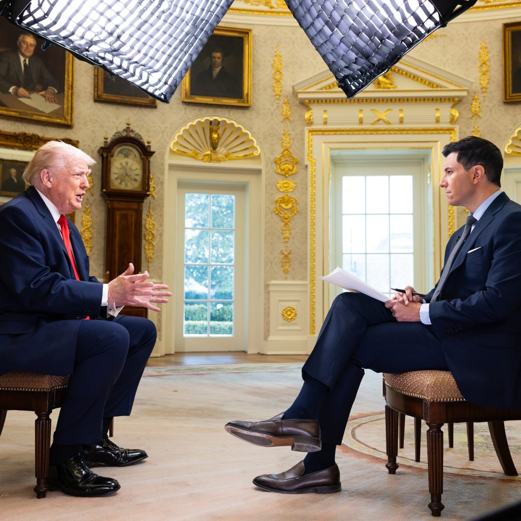 Makeup for Tom Llamas’ exclusive interview with President Trump